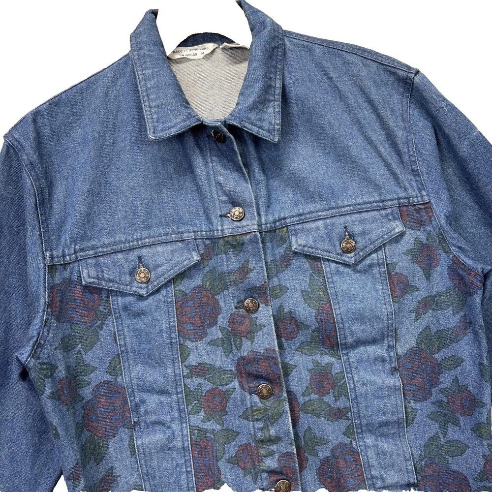 Vintage Floral Denim Jacket Womens M Blue Floral Trucker Cotton 90s Hong Kong